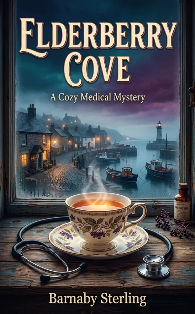 Elderberry Cove book cover: a steaming teacup and stethoscope on a windowsill overlooking a misty harbour village at dusk